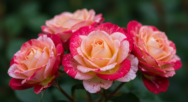 A close-up of a rose variety called "Double Delight" blooming in an outdoor garden.