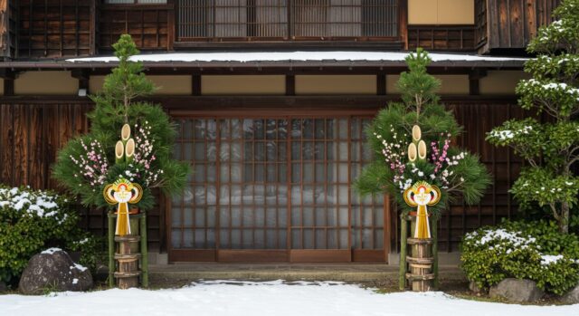 Japanese New Year scenery. In front of the entrance of a Japanese house, a pair of kadomatsu.