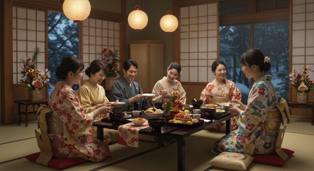 On a winter's day, several families wearing kimono gather together in a Japanese-style room over New Year's dishes and chatting peacefully.