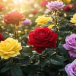 屋外庭園にある複数のバラの茂みのクローズアップ。品種は濃い赤、レモン色、紫に近い青、淡いピンクです。