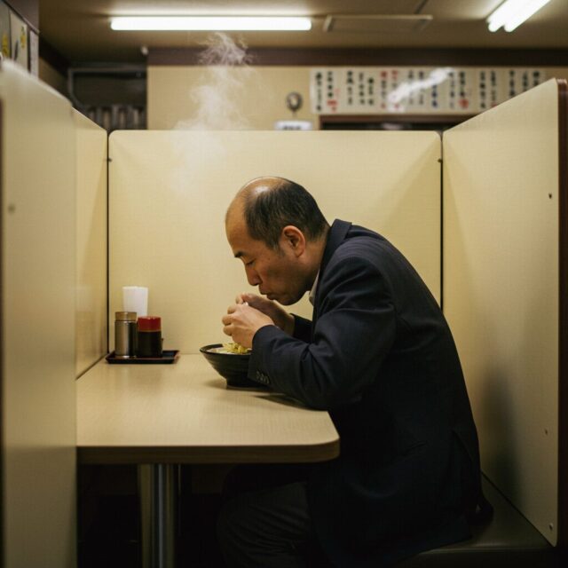 ③ ひとりラーメン
(ひとりラーメン店でラーメンをすするサラリーマン)