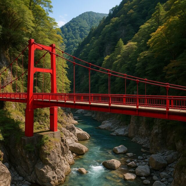 二見吊橋(ふたみつりばし)|「赤い橋 × 渓谷」の絶景