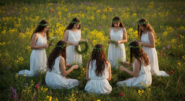 Seven Greek maidens forming a wreath in a circle