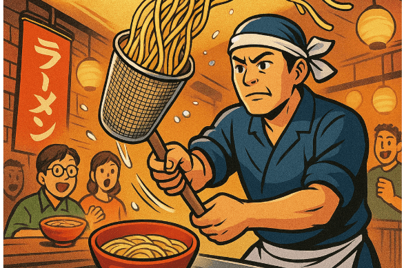 ラーメン店主がてぼで織りなす“空中演舞”